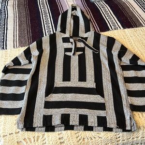 Retrofit Handmade Mexico Pullover Knit Poncho Striped Cotton Hooded